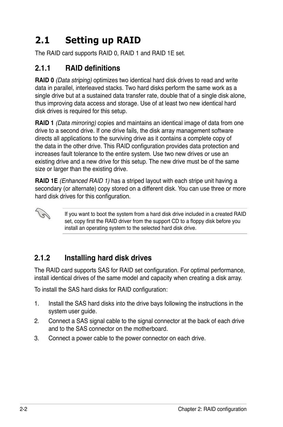 1 setting up raid, 1 raid definitions, 2 installing hard disk drives | Setting up raid -2 2.1.1, Raid definitions -2, Installing hard disk drives -2 | Asus PIKE 1068E User Manual | Page 12 / 56