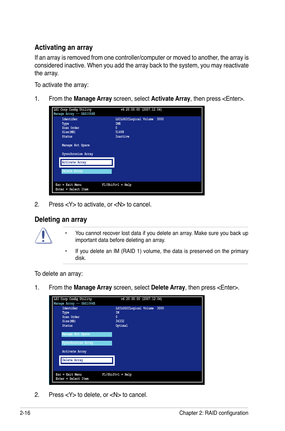 Activating an array, Deleting an array, 16 chapter 2: raid configuration | Asus PIKE 1068E User Manual | Page 26 / 56