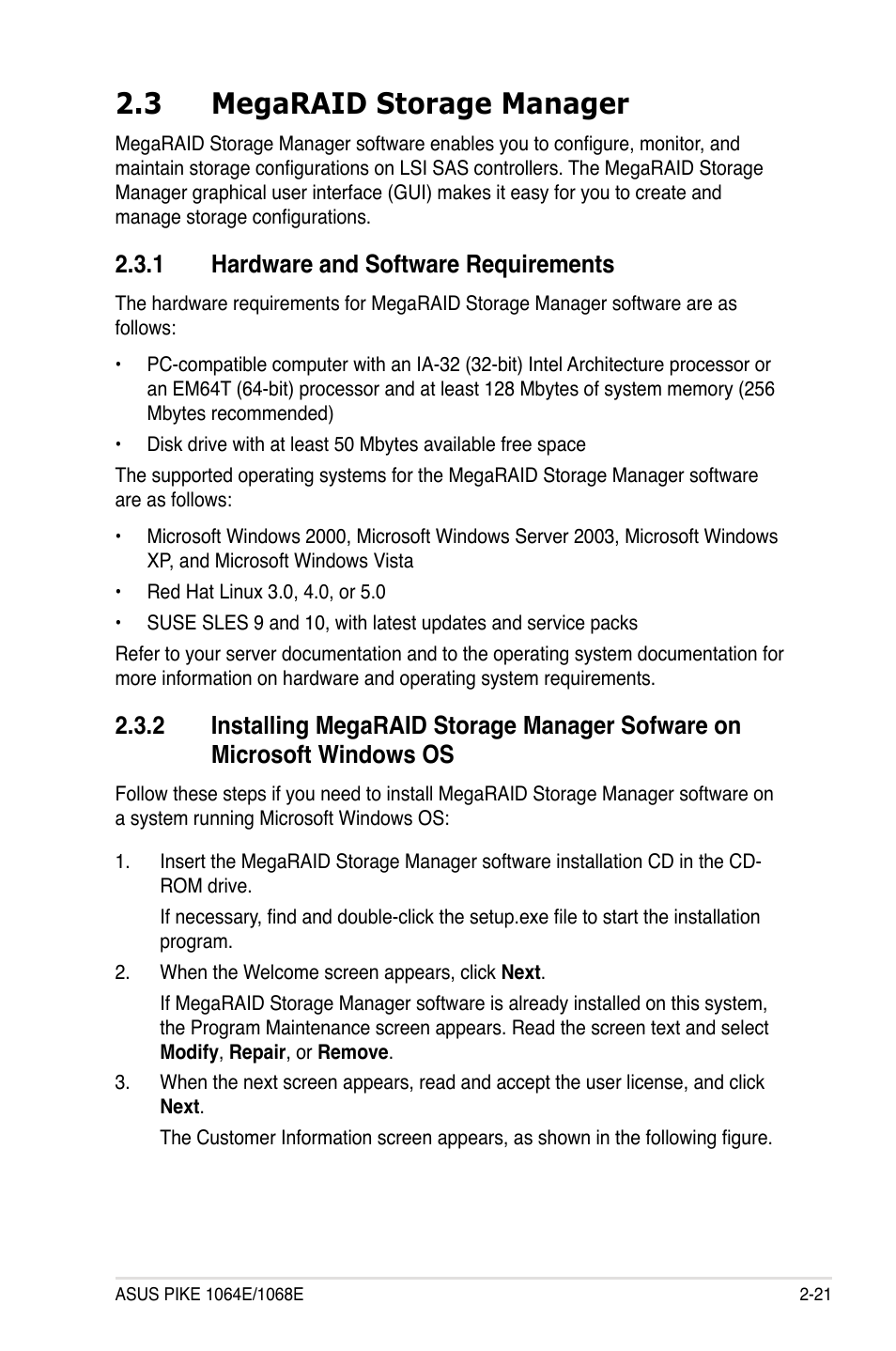 3 megaraid storage manager, 1 hardware and software requirements, Megaraid storage manager -21 2.3.1 | Hardware and software requirements -21, Installing megaraid storage manager sofware on, Microsoft windows os -21 | Asus PIKE 1068E User Manual | Page 31 / 56