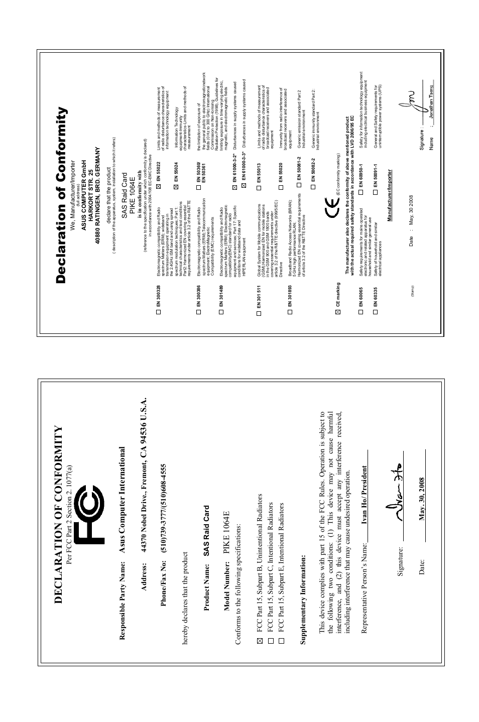 Declaration of conformity, Asu s c om pu te r in te rn at io na l, Pi k e 10 64 e | Sas raid card pike 1064e | Asus PIKE 1068E User Manual | Page 55 / 56