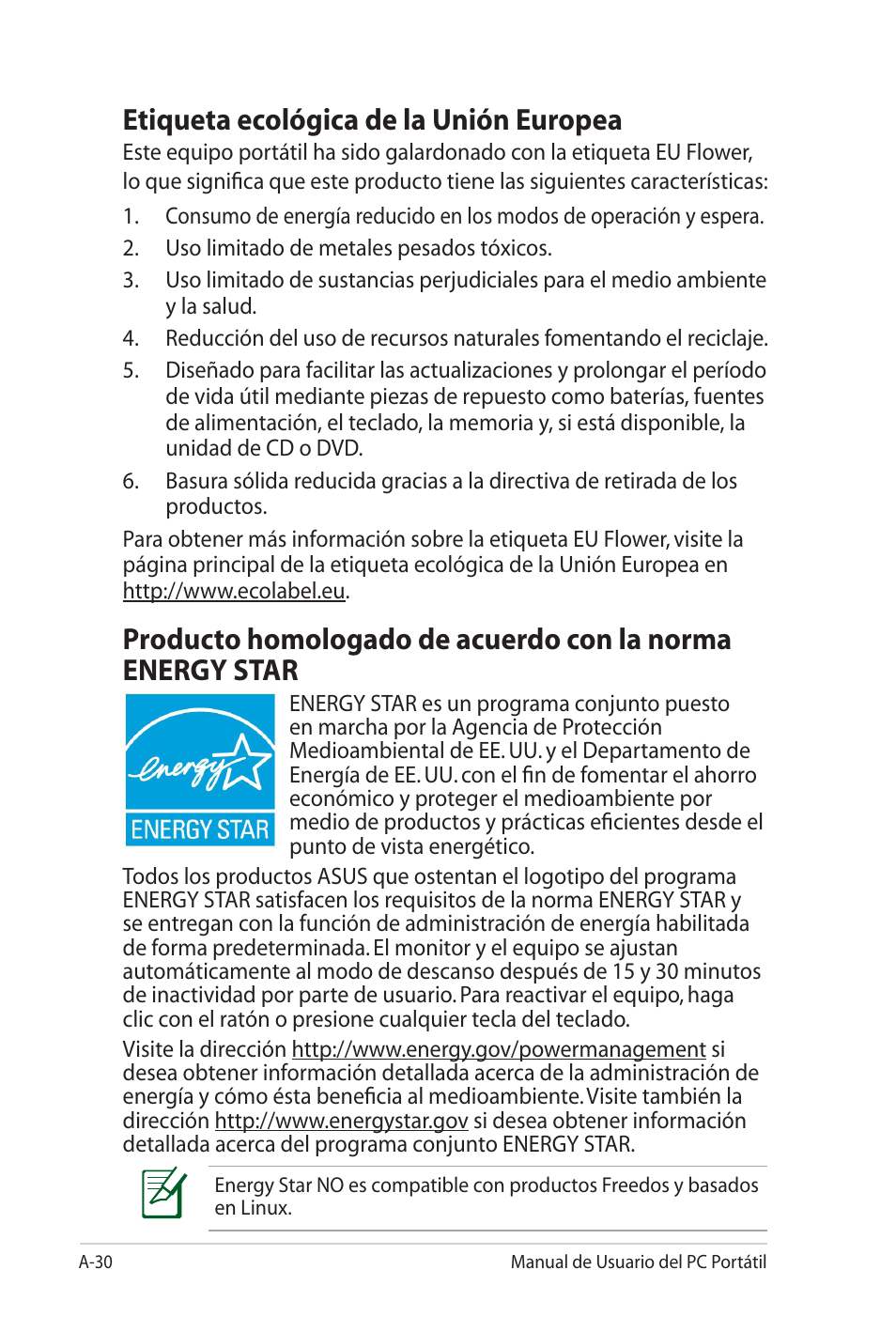 Etiqueta ecológica de la unión europea, A-30 | Asus Pro45VJ User Manual | Page 102 / 108