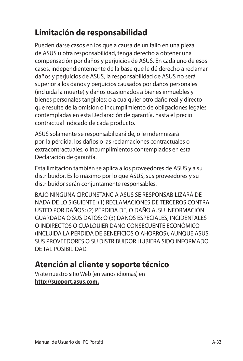 Limitación de responsabilidad, Atención al cliente y soporte técnico | Asus Pro45VJ User Manual | Page 105 / 108