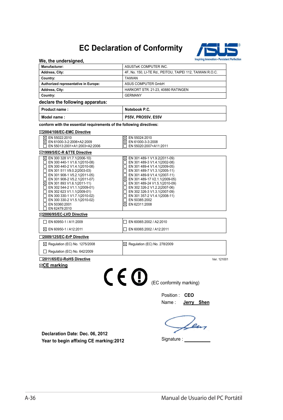 Ec declaration of conformity, A-36 manual de usuario del pc portátil | Asus Pro45VJ User Manual | Page 108 / 108