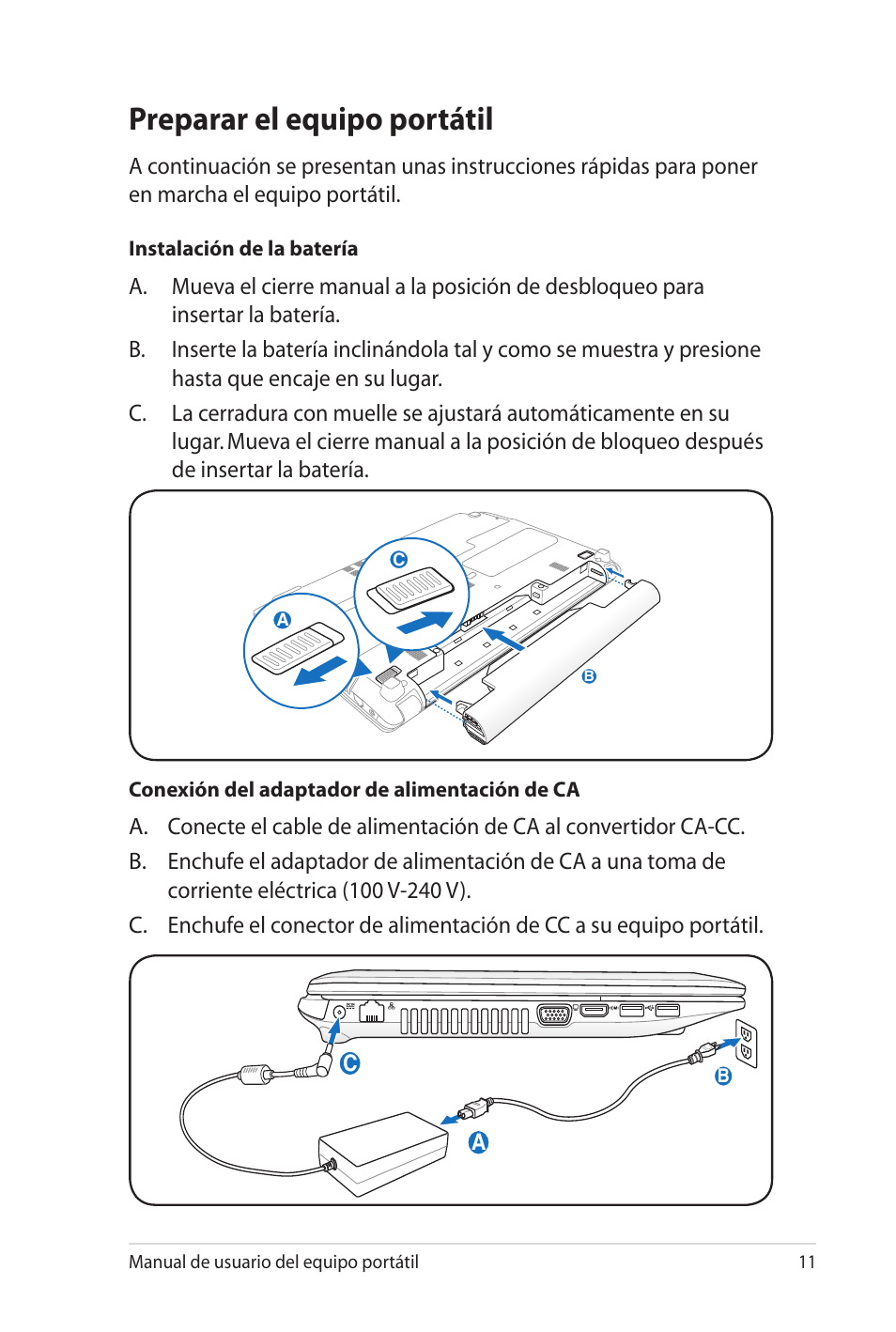 Preparar el equipo portátil | Asus Pro45VJ User Manual | Page 11 / 108