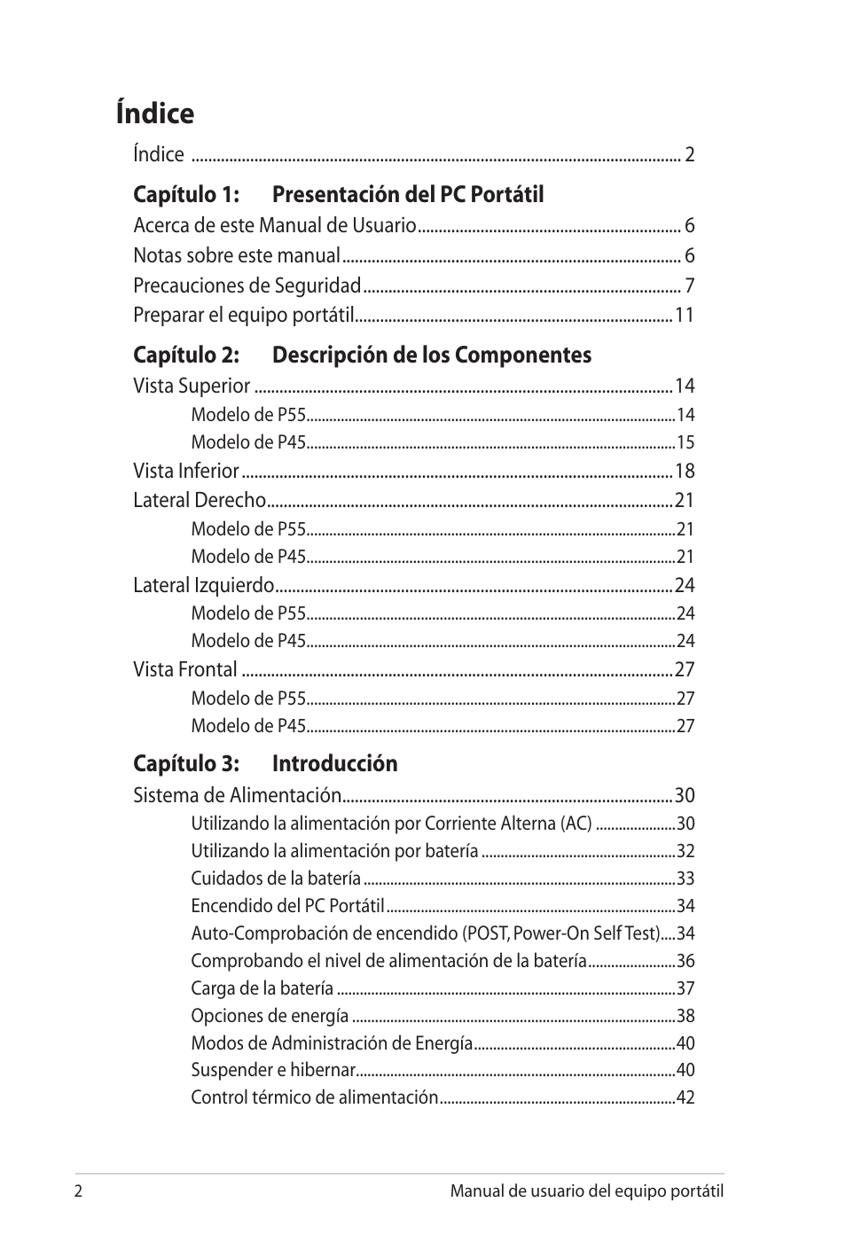 Índice | Asus Pro45VJ User Manual | Page 2 / 108