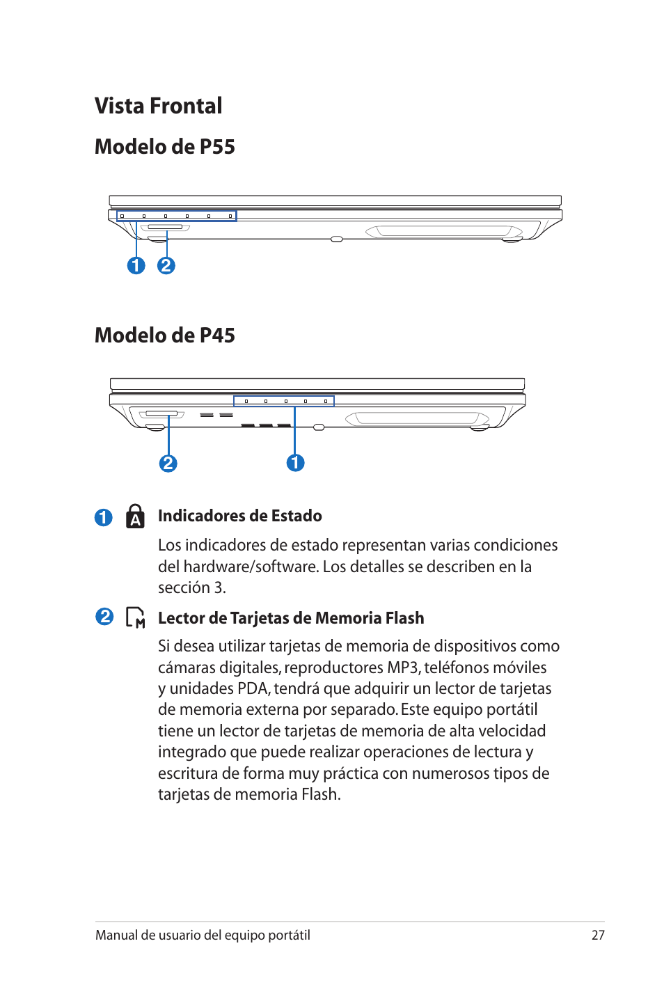 Vista frontal, Modelo de p55, Modelo de p45 | Modelo de p55 modelo de p45 | Asus Pro45VJ User Manual | Page 27 / 108