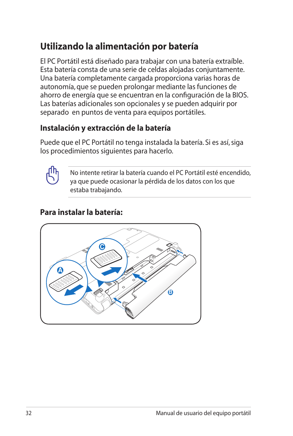 Utilizando la alimentación por batería | Asus Pro45VJ User Manual | Page 32 / 108