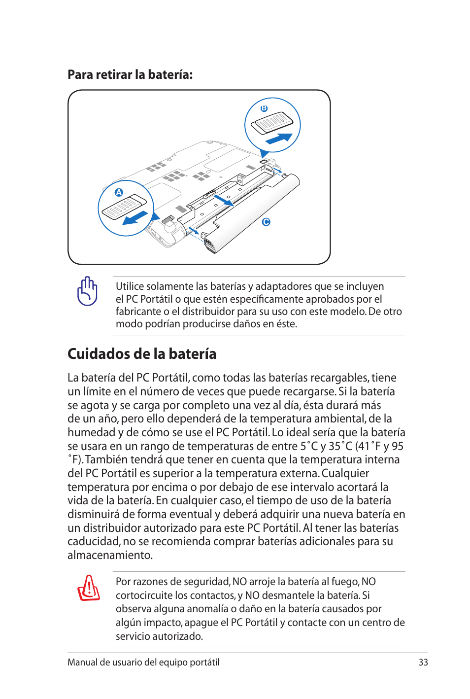 Cuidados de la batería, Para retirar la batería | Asus Pro45VJ User Manual | Page 33 / 108