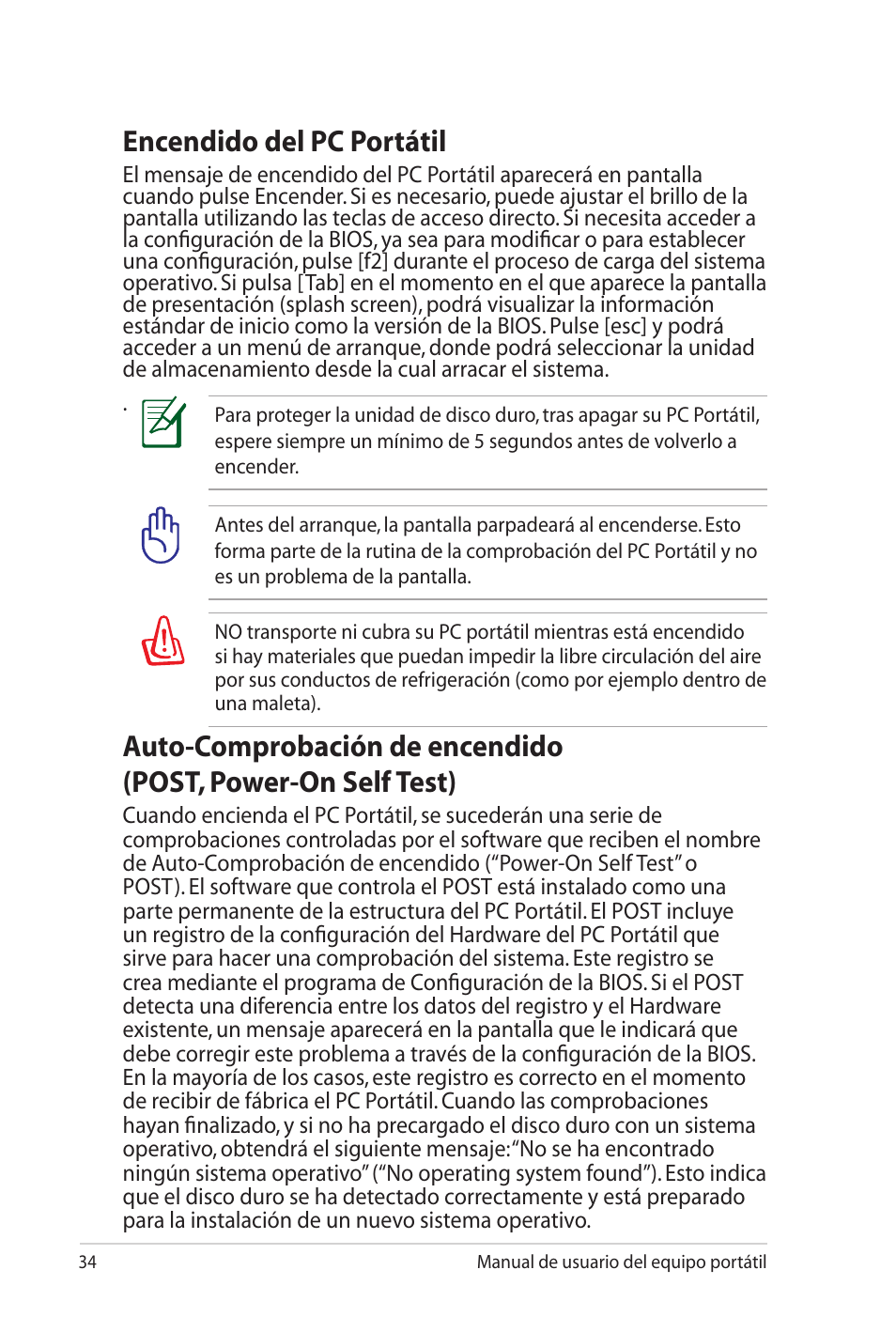 Encendido del pc portátil | Asus Pro45VJ User Manual | Page 34 / 108