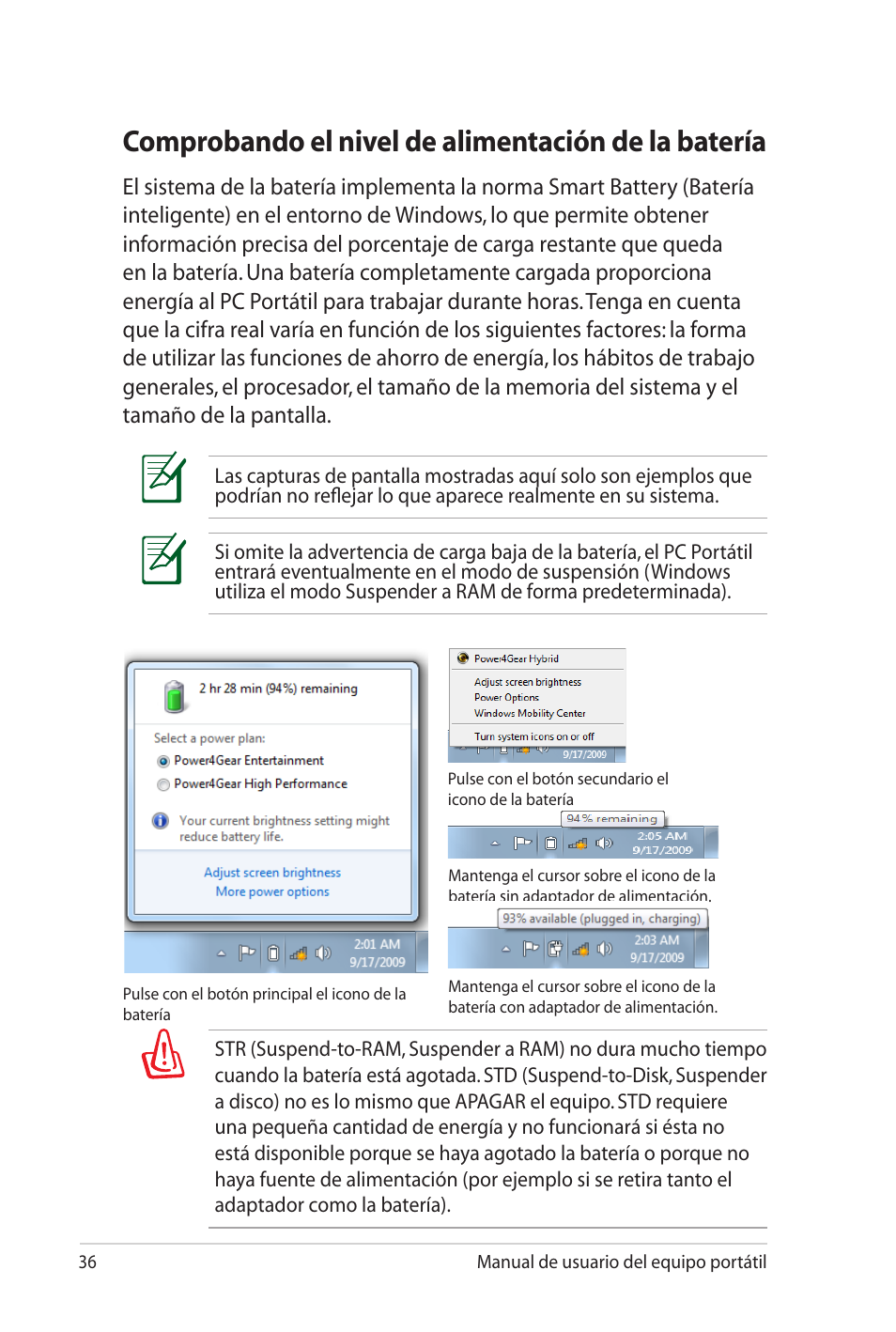 Comprobando el nivel de alimentación de la batería | Asus Pro45VJ User Manual | Page 36 / 108