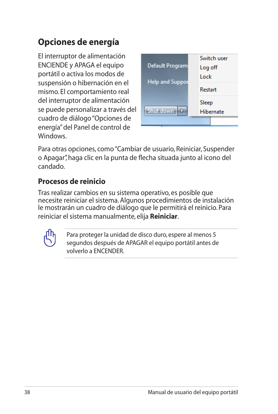 Opciones de energía | Asus Pro45VJ User Manual | Page 38 / 108