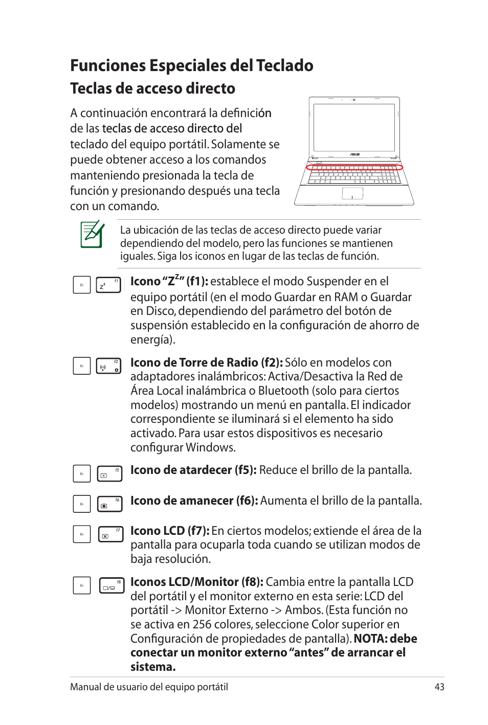 Funciones especiales del teclado, Teclas de acceso directo | Asus Pro45VJ User Manual | Page 43 / 108