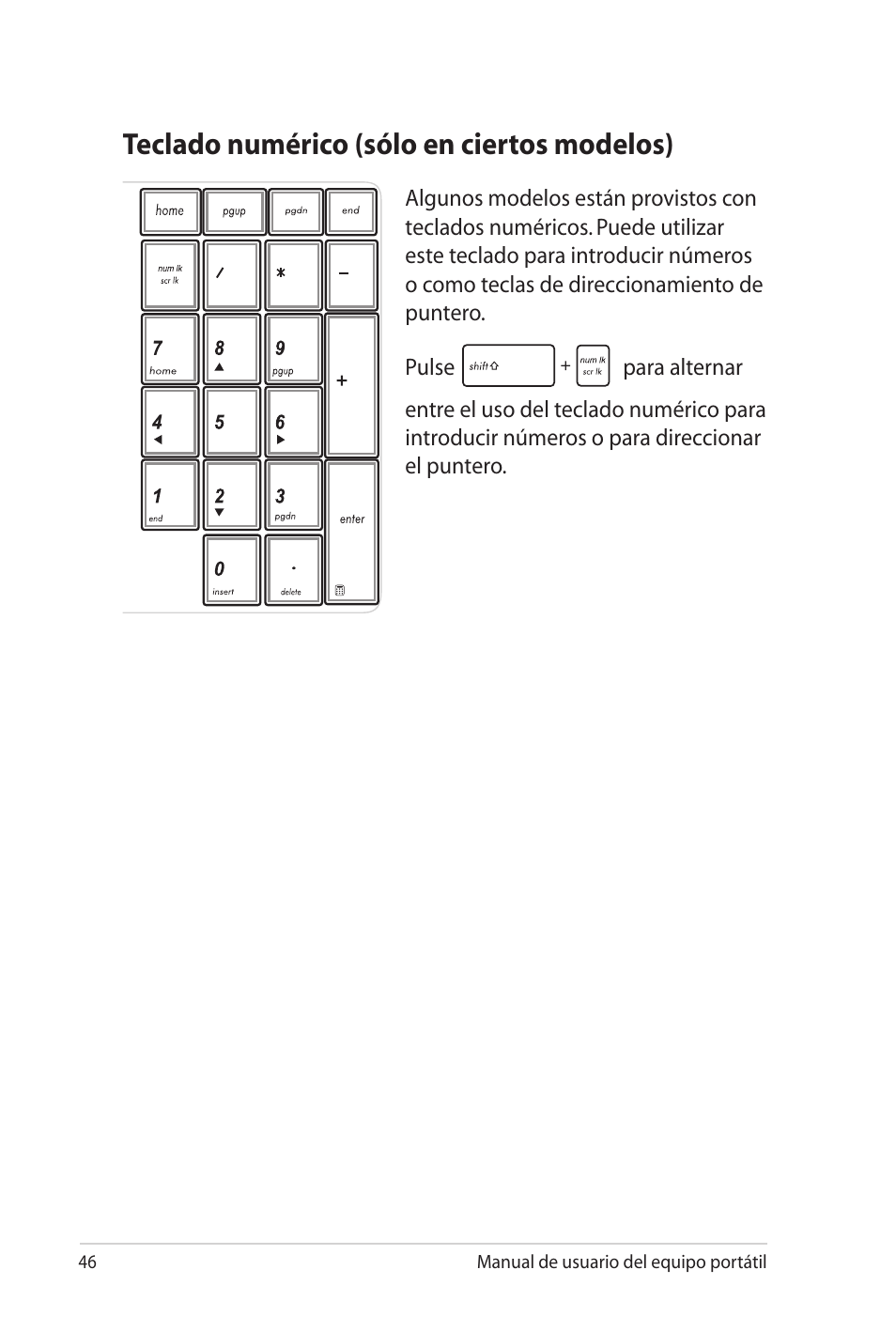 Teclado numérico (sólo en ciertos modelos) | Asus Pro45VJ User Manual | Page 46 / 108