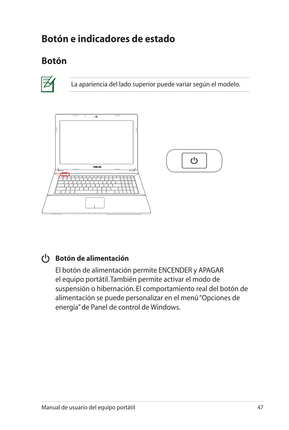 Botón e indicadores de estado, Botón | Asus Pro45VJ User Manual | Page 47 / 108