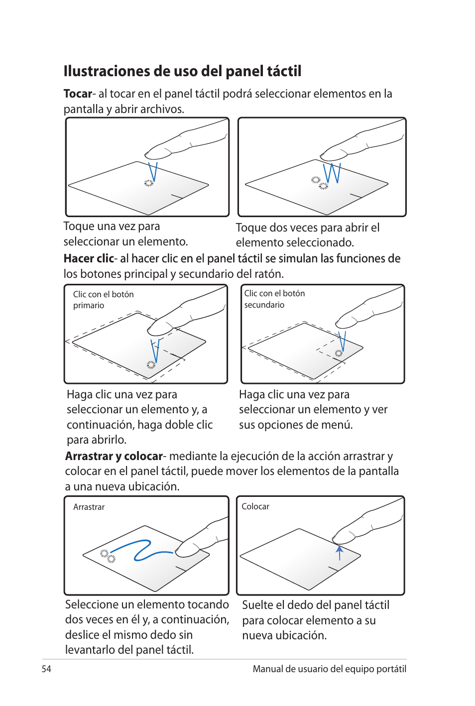 Ilustraciones de uso del panel táctil | Asus Pro45VJ User Manual | Page 54 / 108