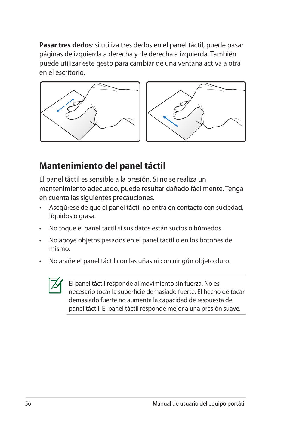 Mantenimiento del panel táctil | Asus Pro45VJ User Manual | Page 56 / 108