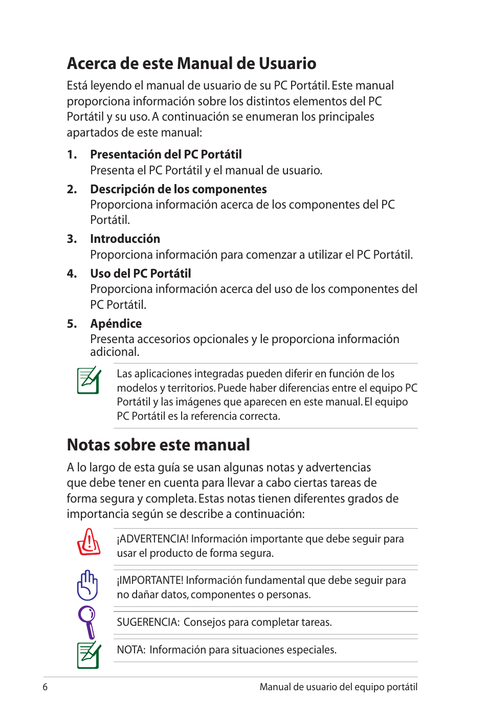 Acerca de este manual de usuario, Notas sobre este manual | Asus Pro45VJ User Manual | Page 6 / 108