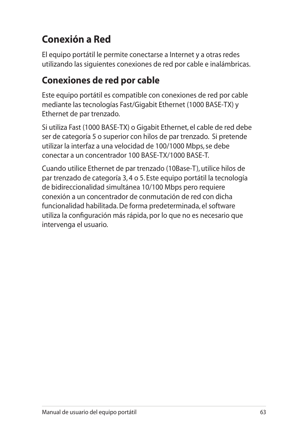 Conexión a red, Conexiones de red por cable | Asus Pro45VJ User Manual | Page 63 / 108