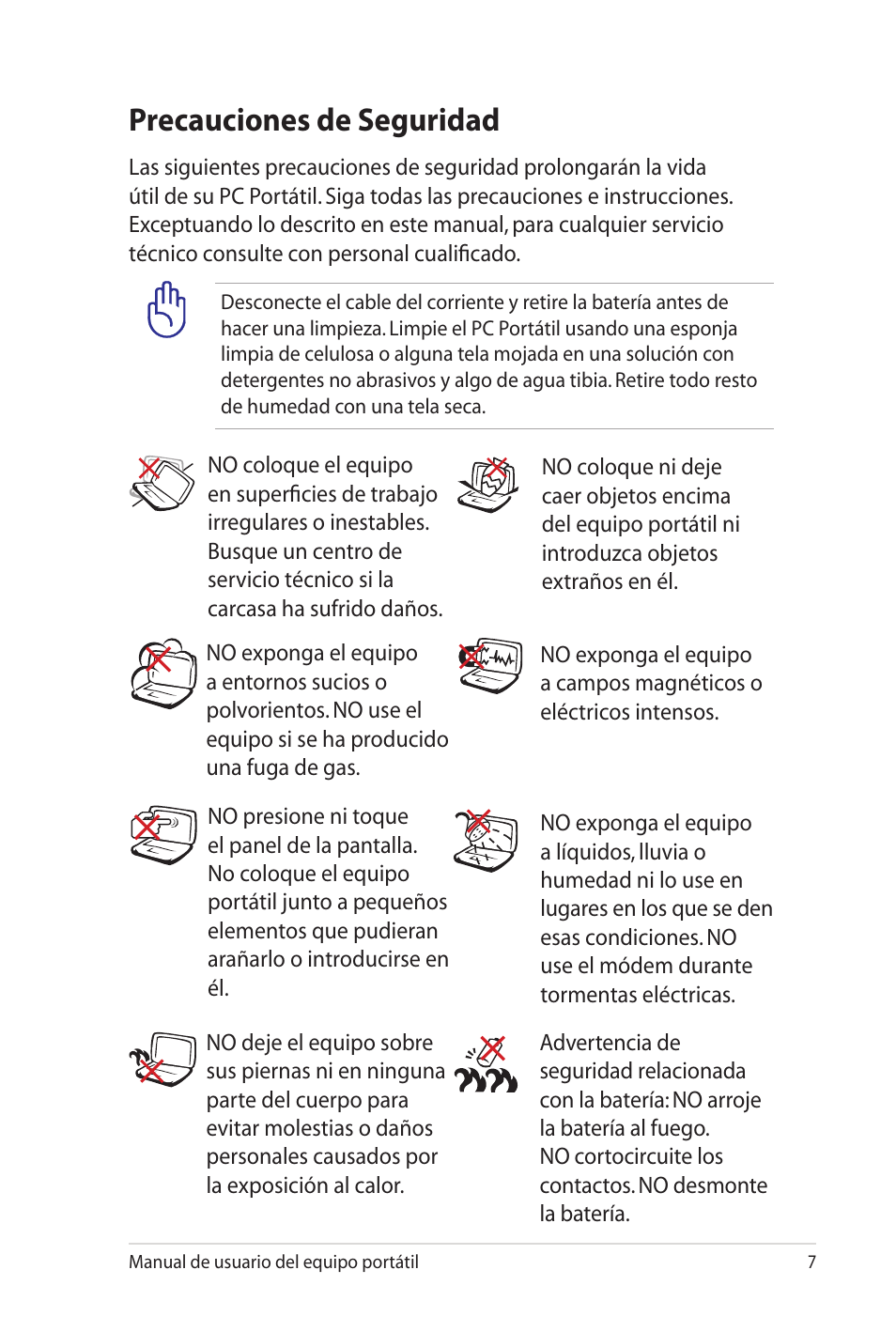 Precauciones de seguridad | Asus Pro45VJ User Manual | Page 7 / 108