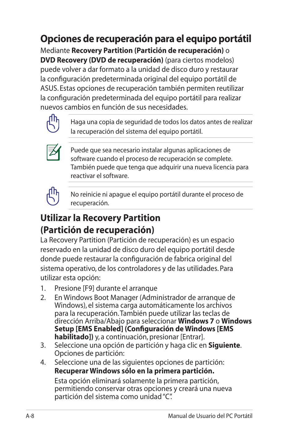 Opciones de recuperación para el equipo portátil | Asus Pro45VJ User Manual | Page 80 / 108