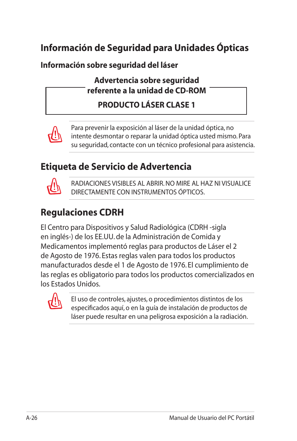 Información de seguridad para unidades ópticas, Etiqueta de servicio de advertencia, Regulaciones cdrh | Asus Pro45VJ User Manual | Page 98 / 108