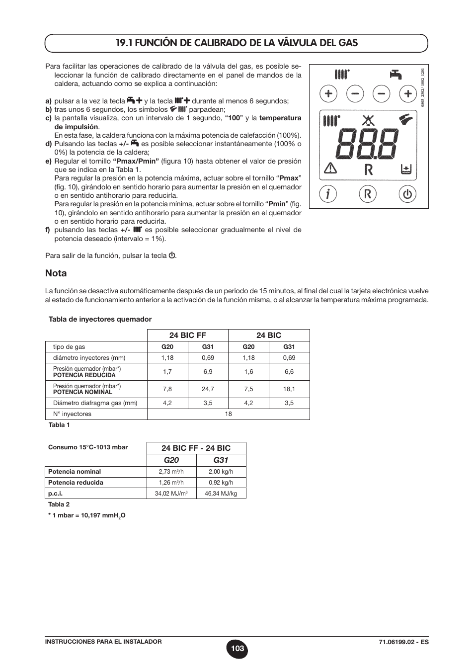 1 función de calibrado de la válvula del gas, Nota | DE DIETRICH MS 24 BIC User Manual | Page 103 / 292