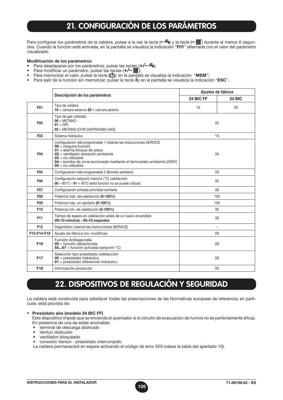 Configuración de los parámetros, Dispositivos de regulación y seguridad | DE DIETRICH MS 24 BIC User Manual | Page 105 / 292