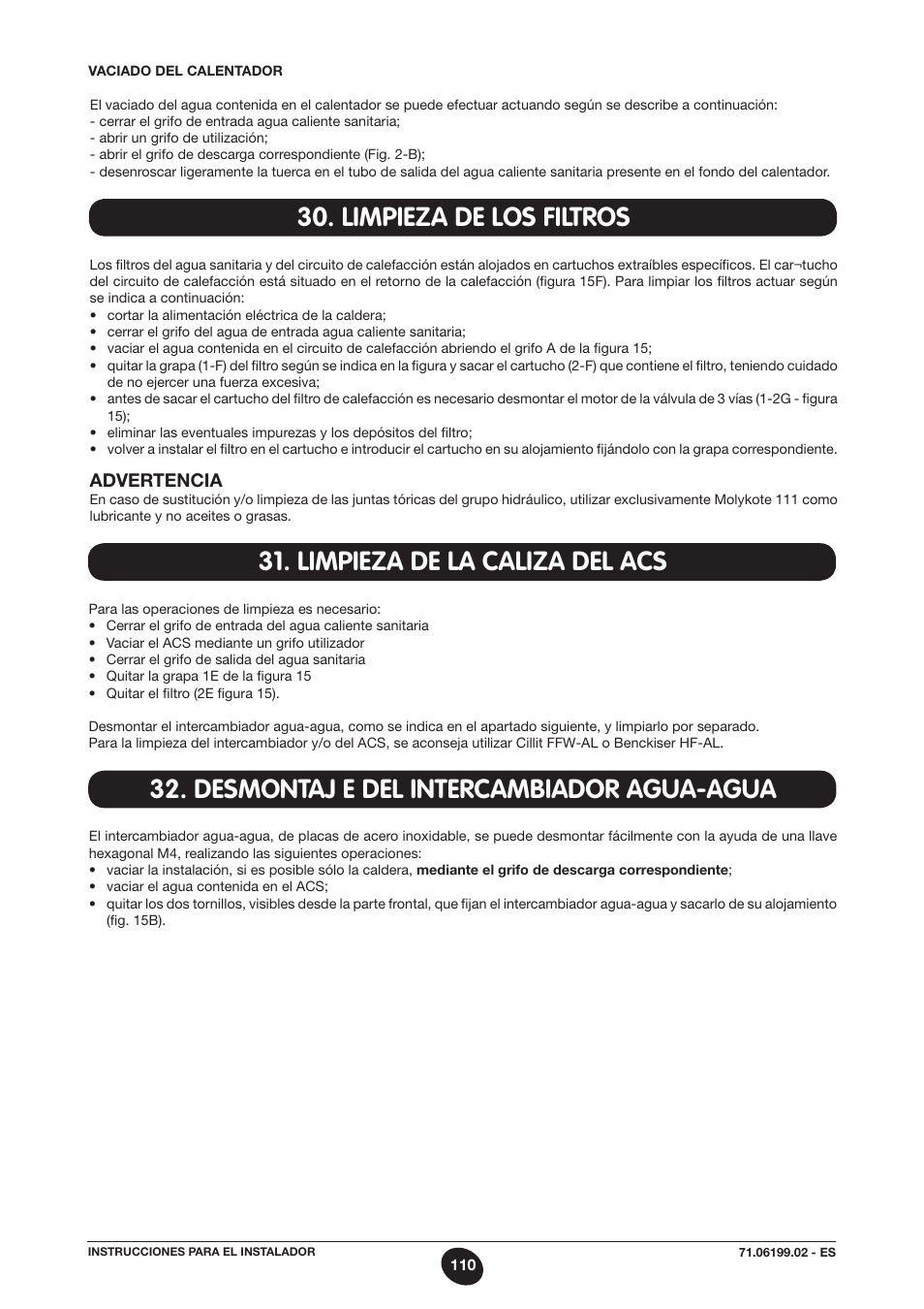 Limpieza de los filtros, Limpieza de la caliza del acs, Desmontaj e del intercambiador agua-agua | DE DIETRICH MS 24 BIC User Manual | Page 110 / 292