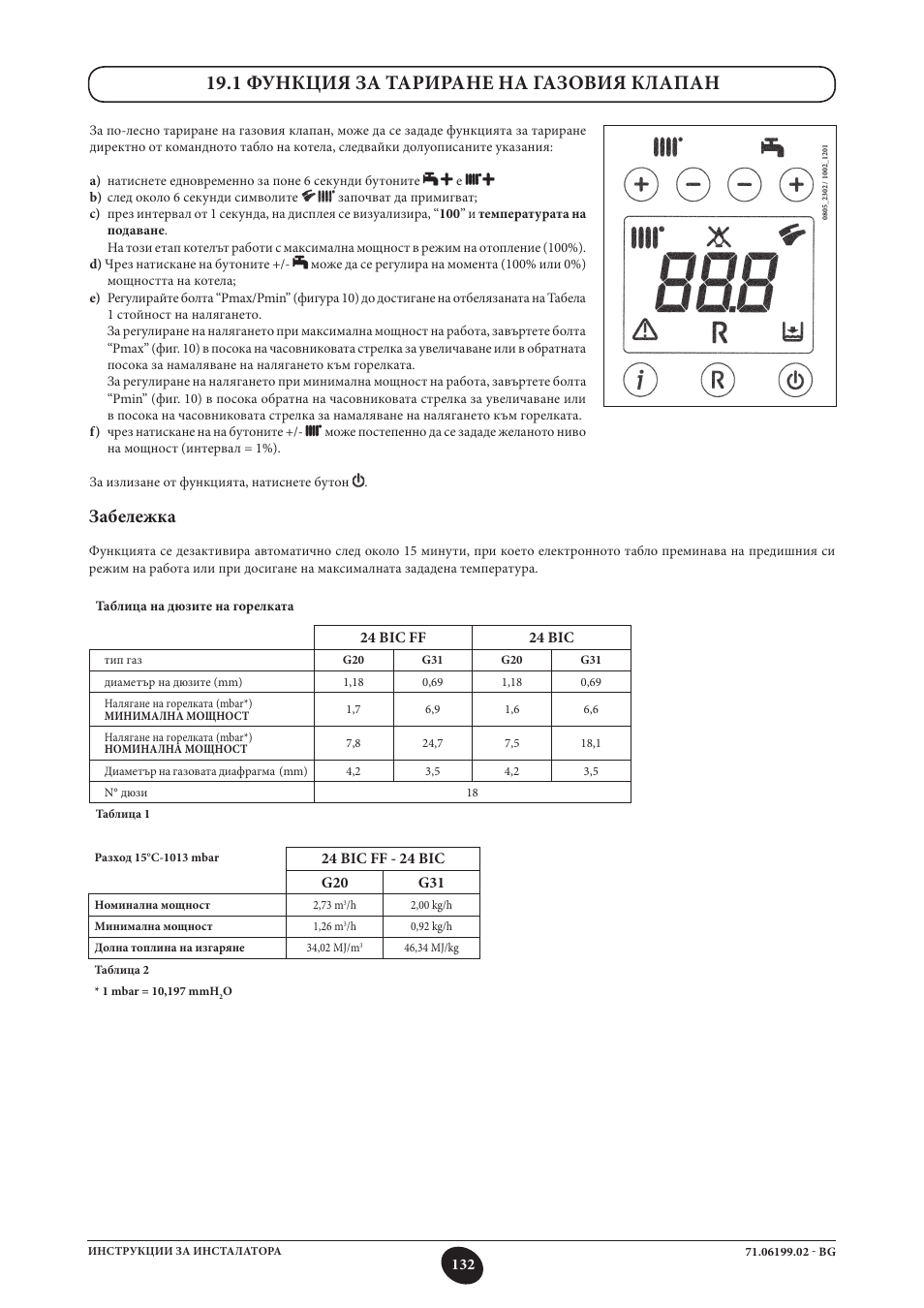 1 функция за тариране на газовия клапан, Забележка | DE DIETRICH MS 24 BIC User Manual | Page 132 / 292