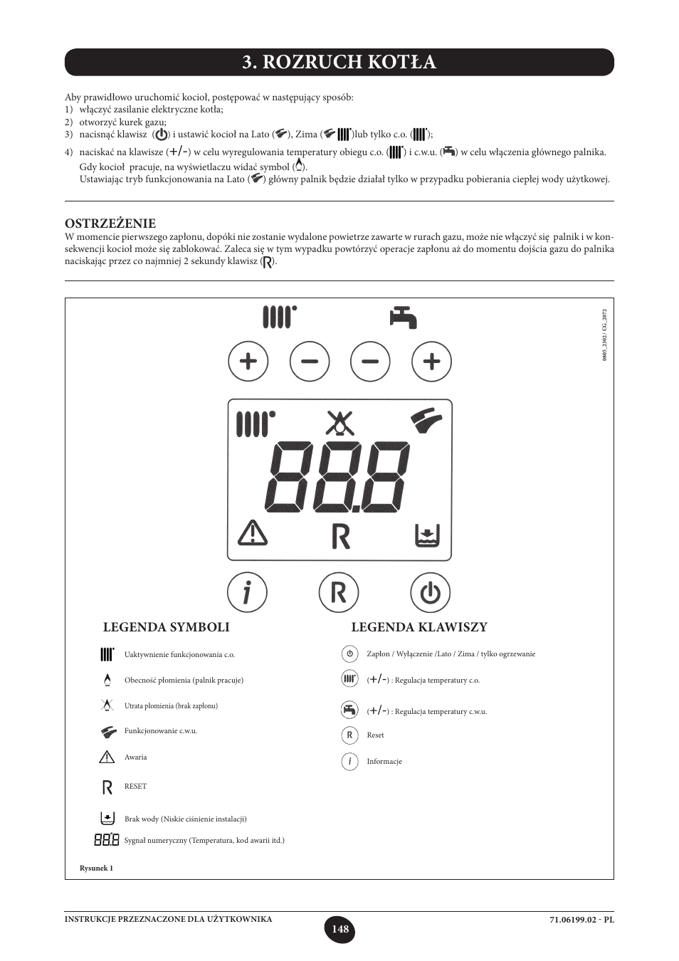 Rozruch kotła, Ostrzeżenie, Legenda klawiszy | Legenda symboli | DE DIETRICH MS 24 BIC User Manual | Page 148 / 292