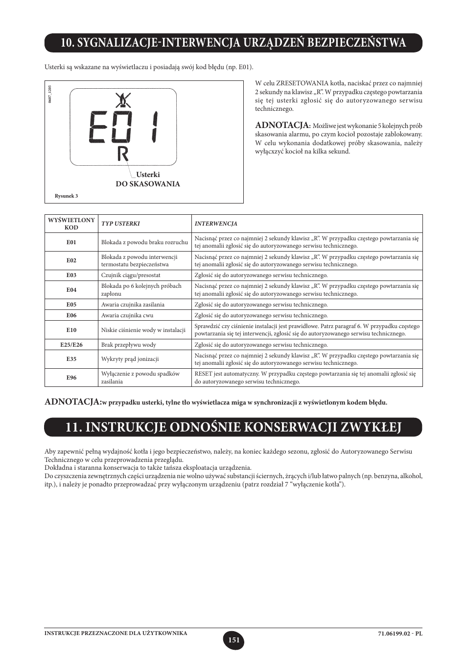 Instrukcje odnośnie konserwacji zwykłej, Sygnalizacje-interwencja urządzeń bezpieczeństwa, Adnotacja | DE DIETRICH MS 24 BIC User Manual | Page 151 / 292