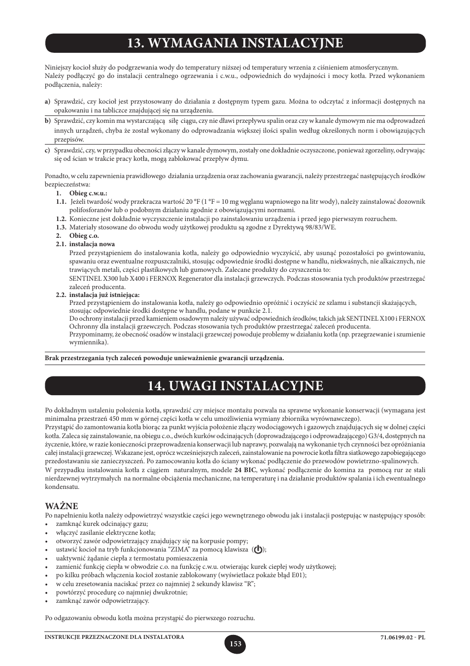 Wymagania instalacyjne, Uwagi instalacyjne, Installazione della caldaia | Ważne | DE DIETRICH MS 24 BIC User Manual | Page 153 / 292