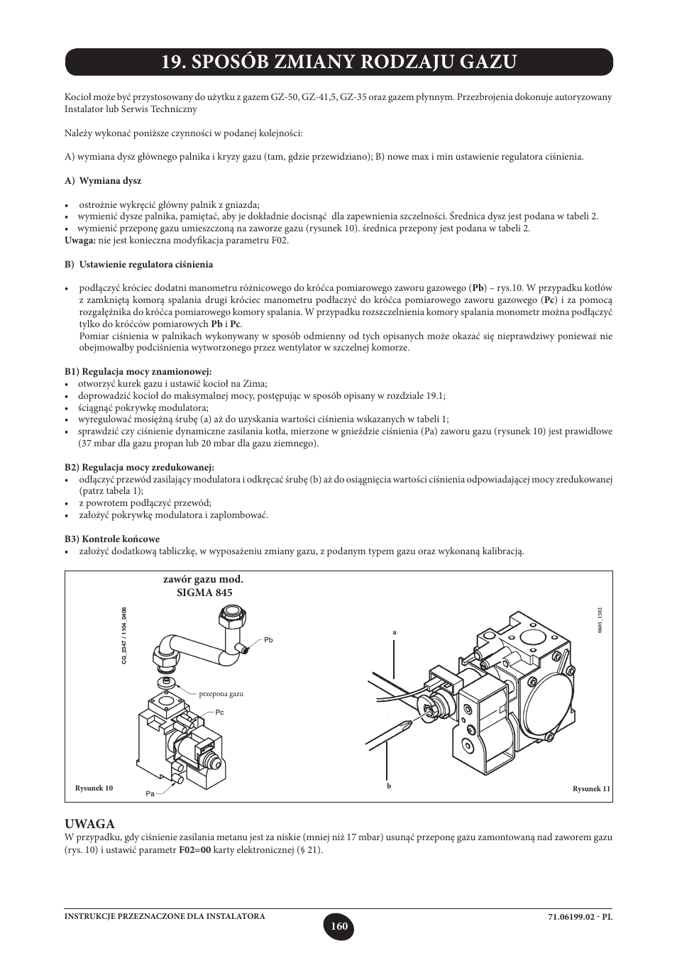 Sposób zmiany rodzaju gazu, Uwaga | DE DIETRICH MS 24 BIC User Manual | Page 160 / 292