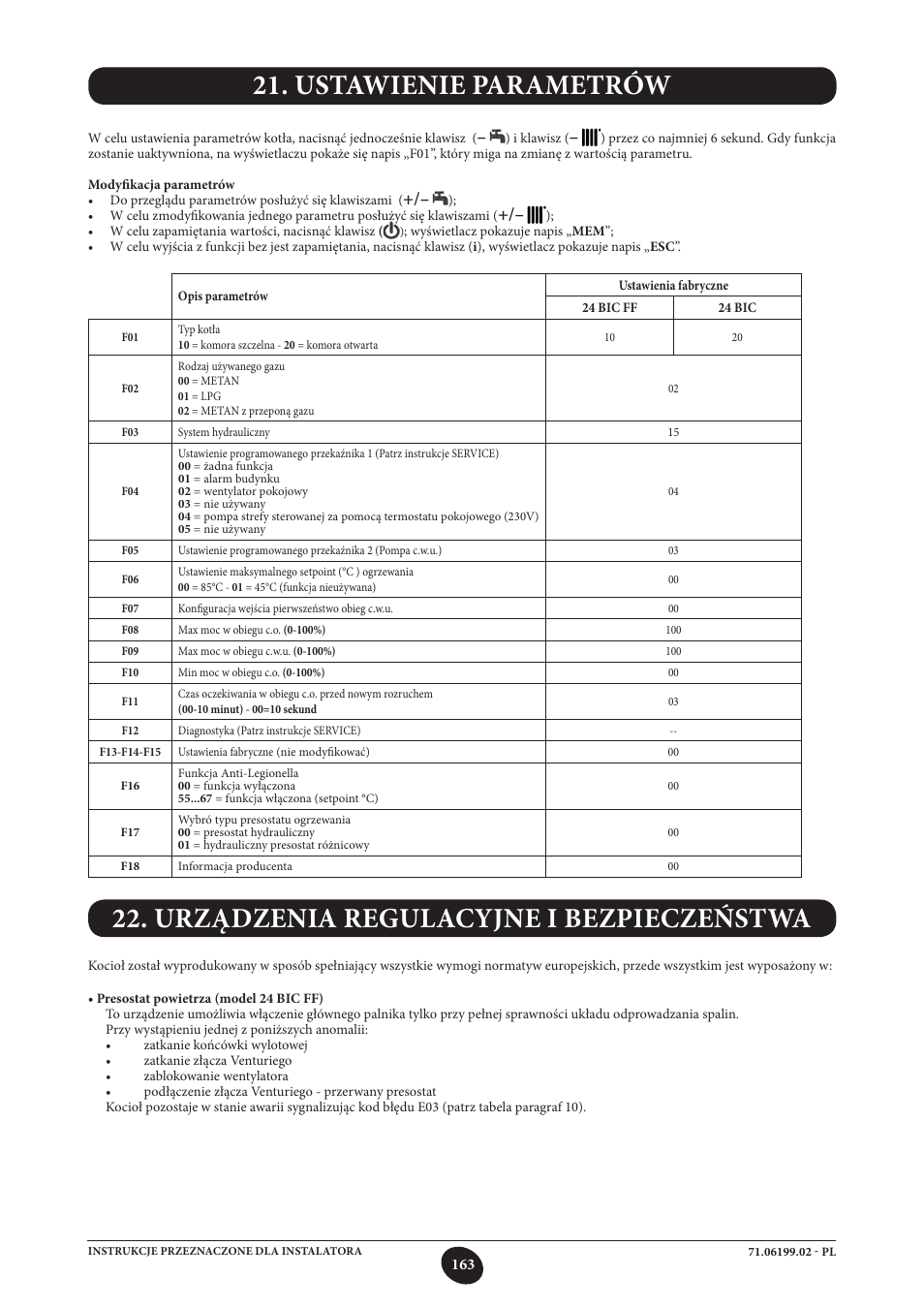 Ustawienie parametrów, Urządzenia regulacyjne i bezpieczeństwa | DE DIETRICH MS 24 BIC User Manual | Page 163 / 292