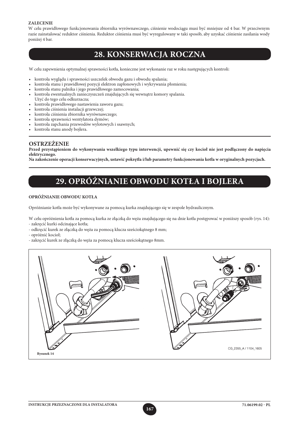 Konserwacja roczna, Opróżnianie obwodu kotła i bojlera, Ostrzeżenie | DE DIETRICH MS 24 BIC User Manual | Page 167 / 292