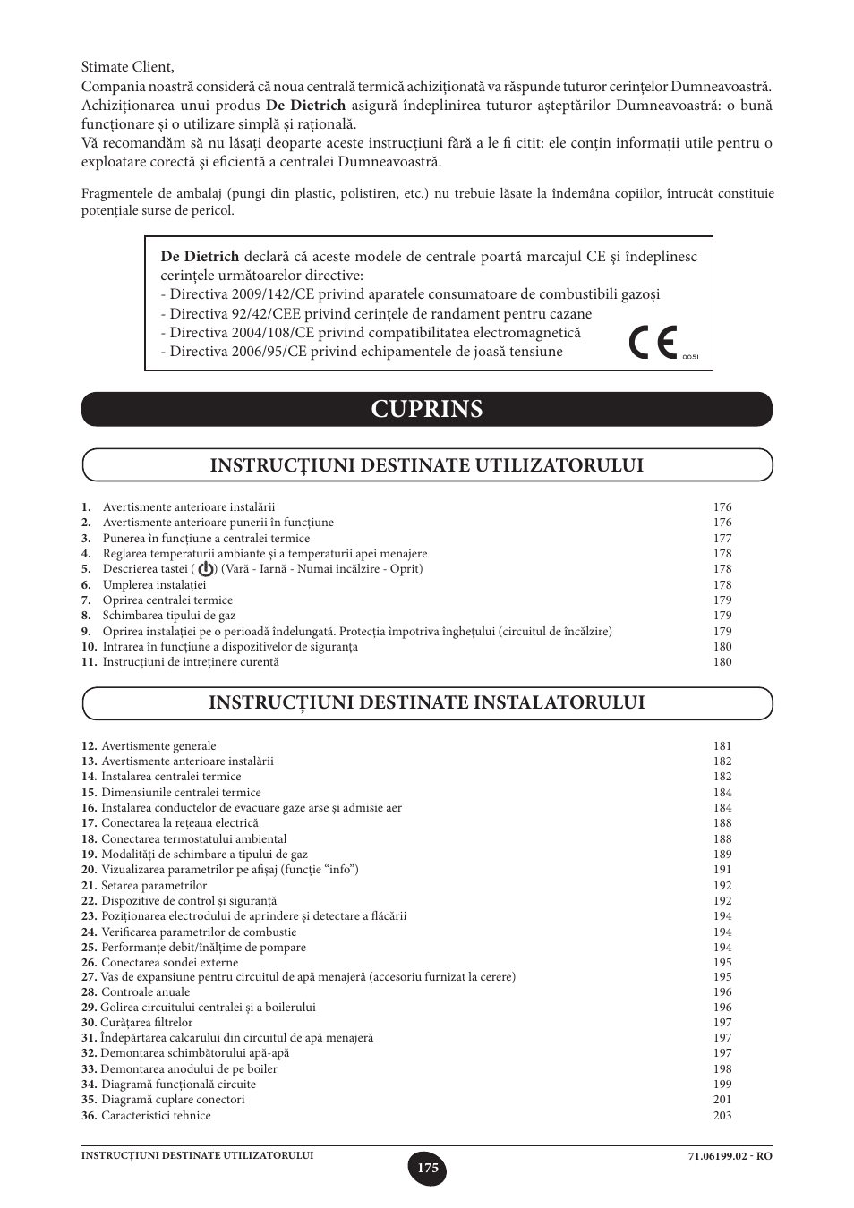 06199.02.p175.ro, Cuprins | DE DIETRICH MS 24 BIC User Manual | Page 175 / 292