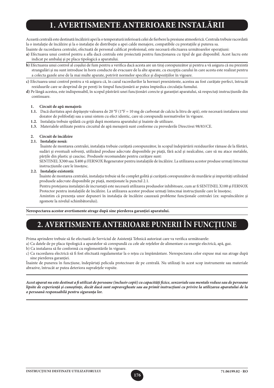 Avertismente anterioare instalării, Avertismente anterioare punerii în funcţiune | DE DIETRICH MS 24 BIC User Manual | Page 176 / 292