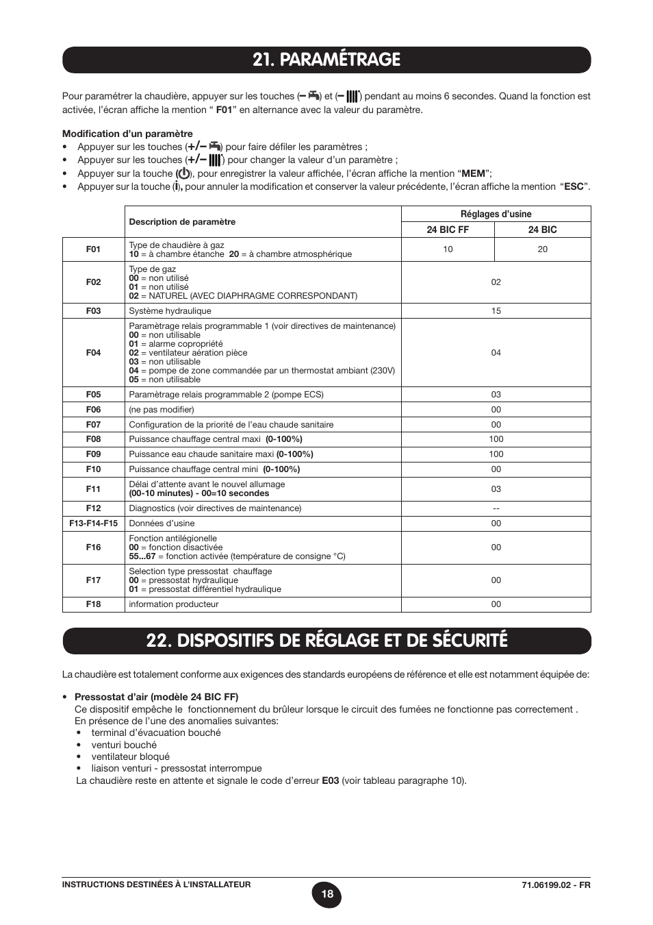 Paramétrage, Dispositifs de réglage et de sécurité | DE DIETRICH MS 24 BIC User Manual | Page 18 / 292