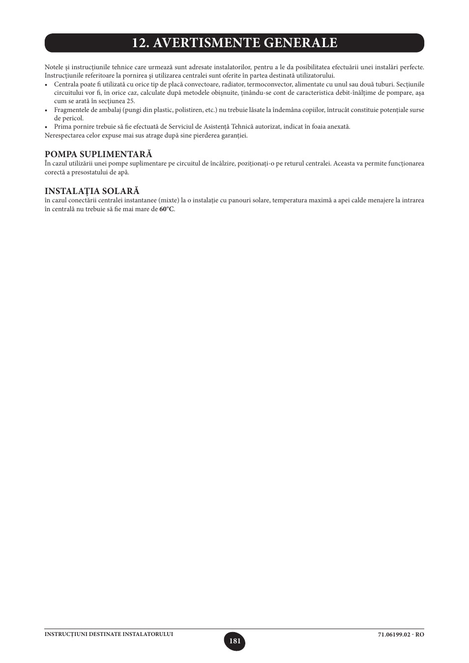 Avertismente generale, Pompa suplimentară, Instalaţia solară | DE DIETRICH MS 24 BIC User Manual | Page 181 / 292