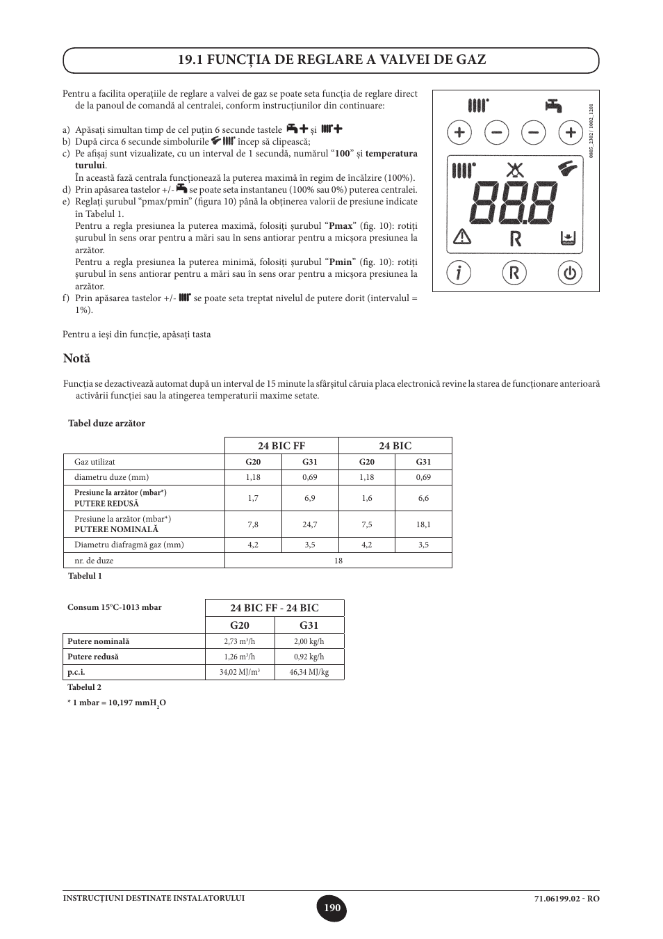 1 funcţia de reglare a valvei de gaz, Notă | DE DIETRICH MS 24 BIC User Manual | Page 190 / 292