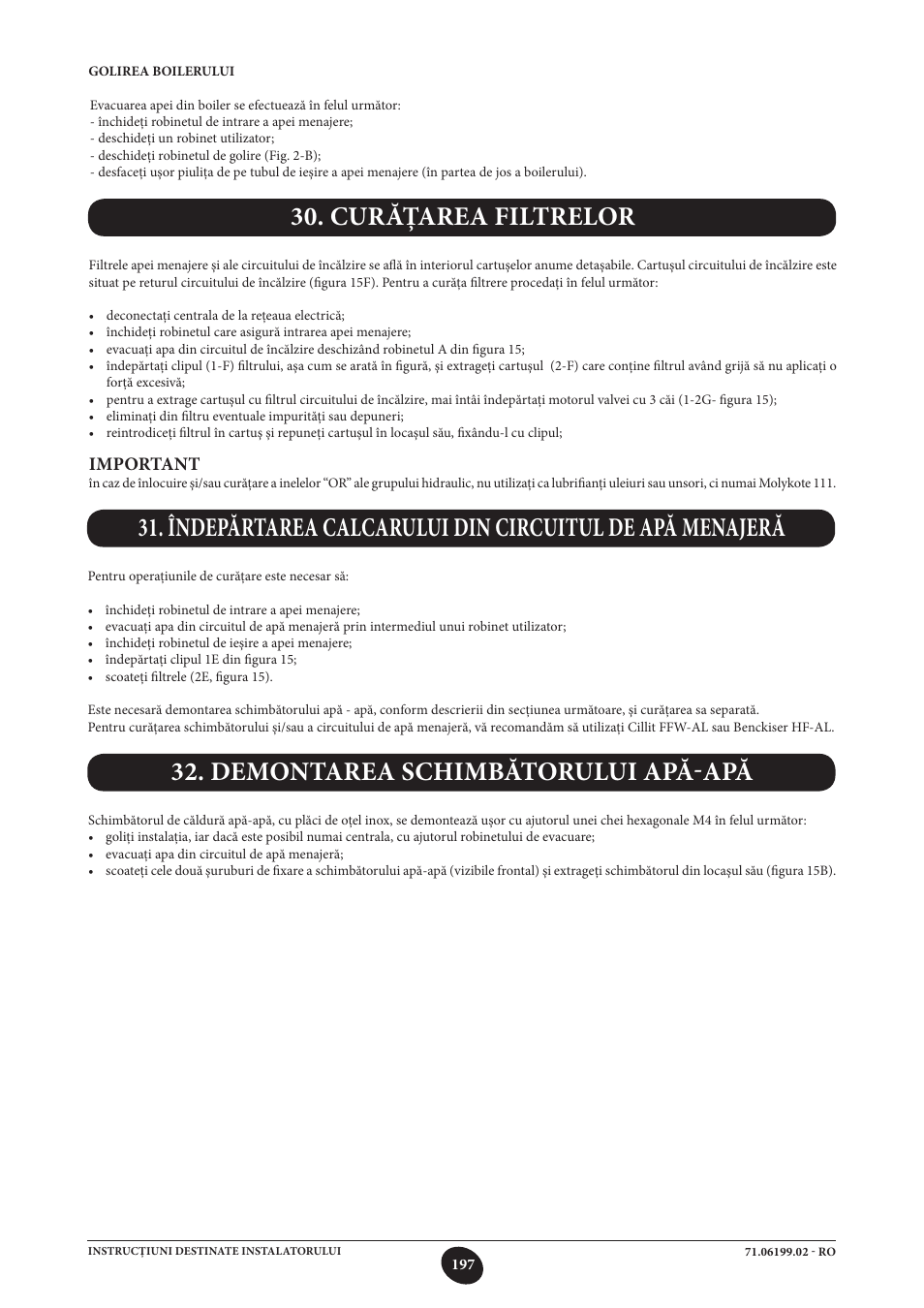 Curăţarea filtrelor, Demontarea schimbătorului apă-apă, Important | DE DIETRICH MS 24 BIC User Manual | Page 197 / 292