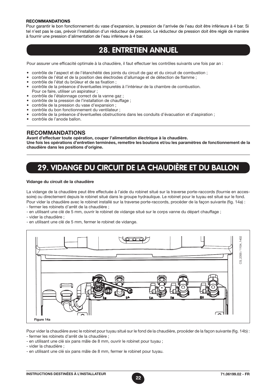 Entretien annuel, Vidange du circuit de la chaudière et du ballon, Recommandations | DE DIETRICH MS 24 BIC User Manual | Page 22 / 292