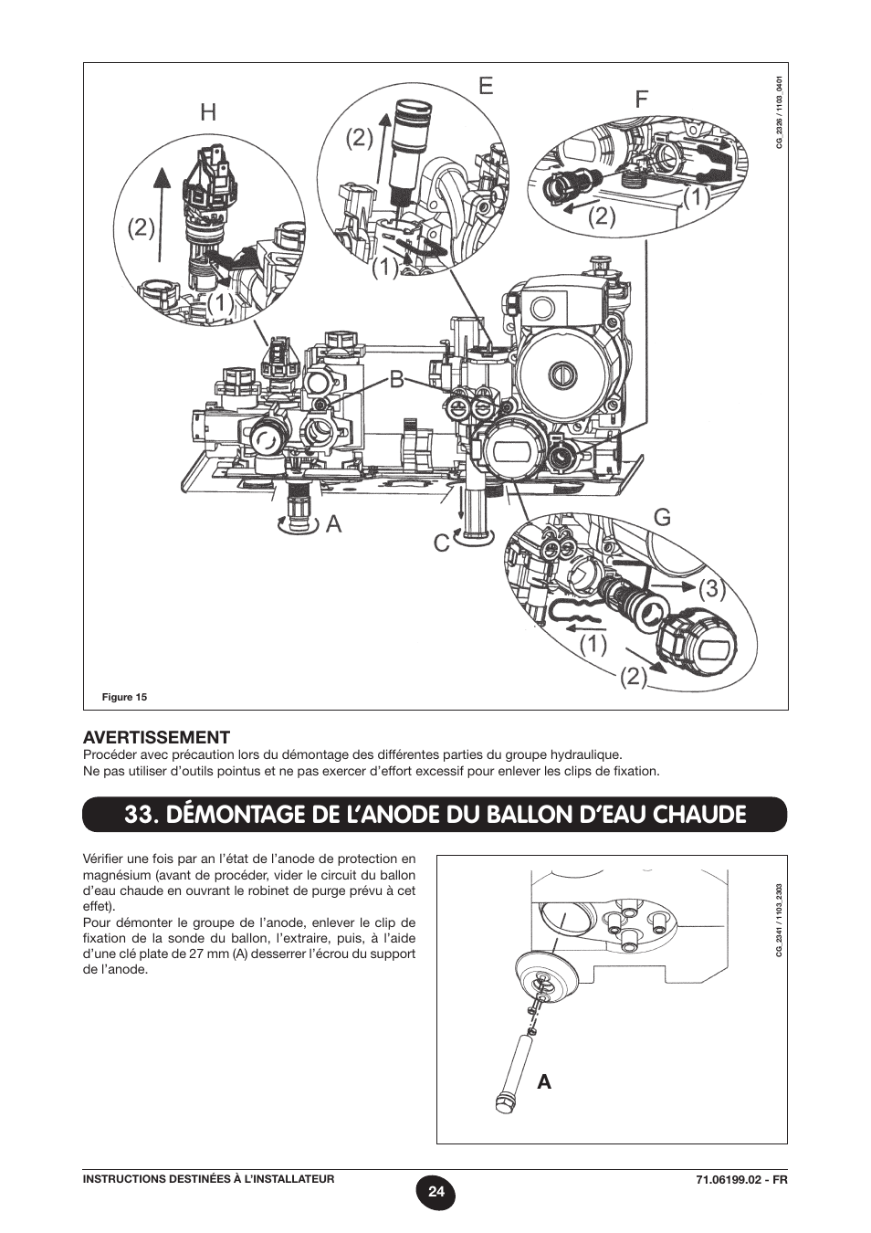 Démontage de l’anode du ballon d’eau chaude, Avertissement | DE DIETRICH MS 24 BIC User Manual | Page 24 / 292