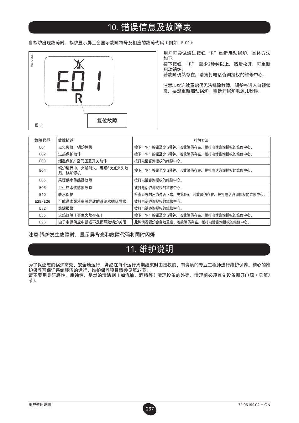 错误信息及故障表, 维护说明 | DE DIETRICH MS 24 BIC User Manual | Page 267 / 292