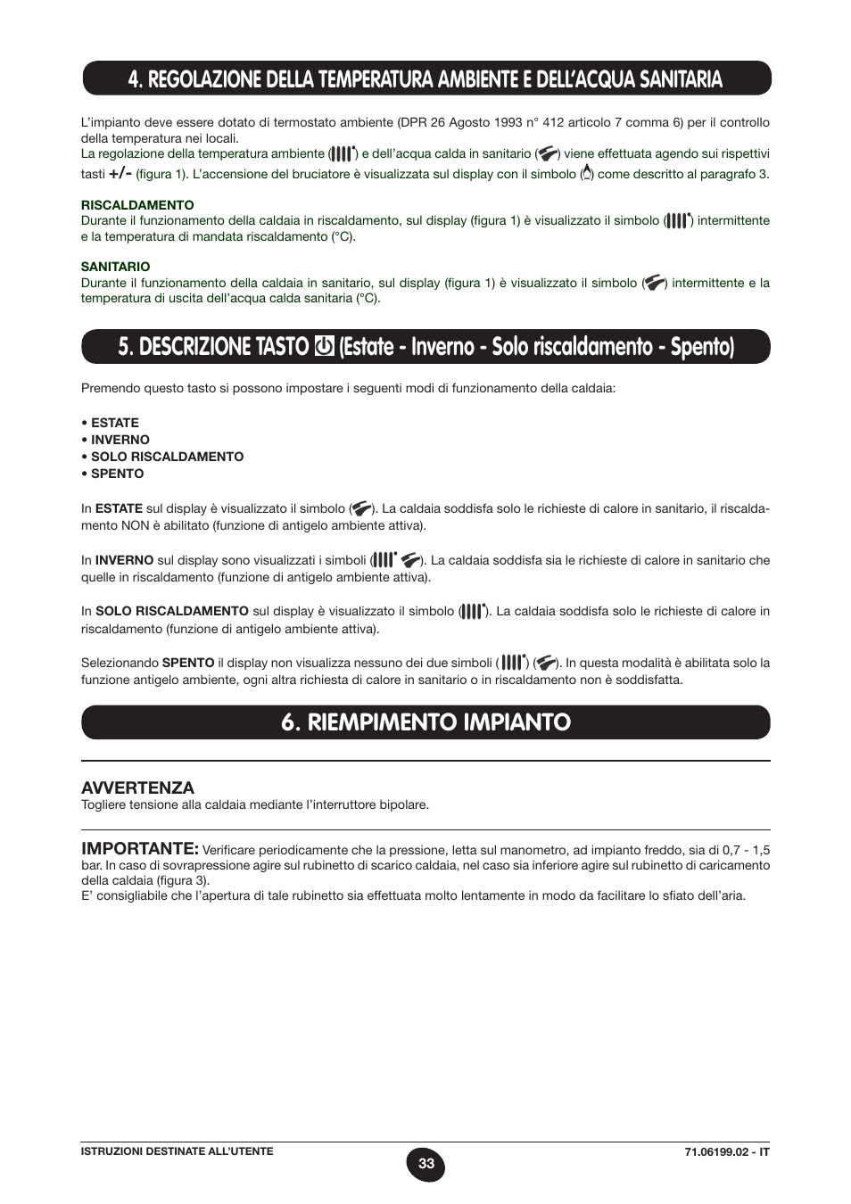 Riempimento impianto, Avvertenza, Importante | DE DIETRICH MS 24 BIC User Manual | Page 33 / 292