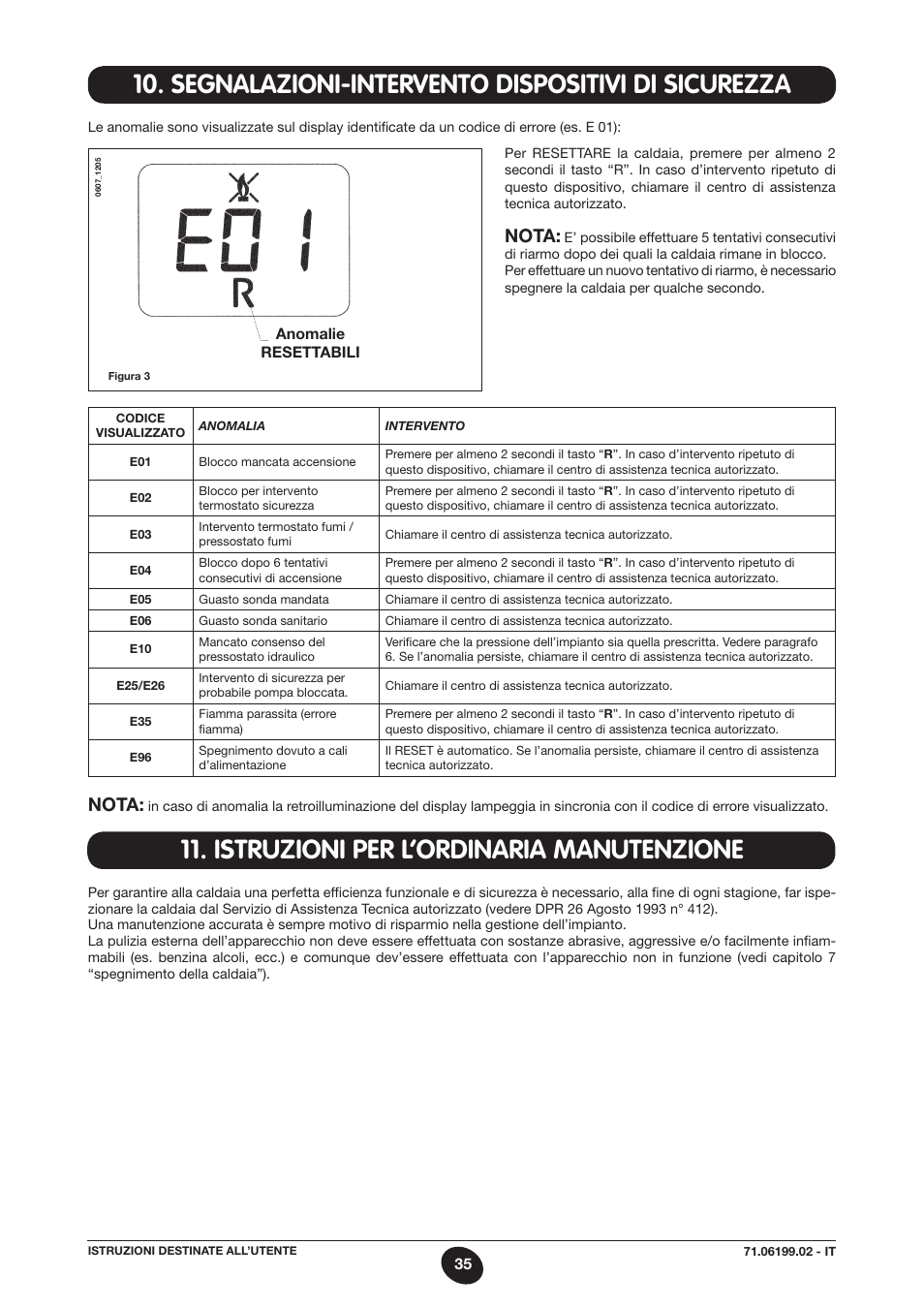 Segnalazioni-intervento dispositivi di sicurezza, Istruzioni per l’ordinaria manutenzione, Nota | DE DIETRICH MS 24 BIC User Manual | Page 35 / 292