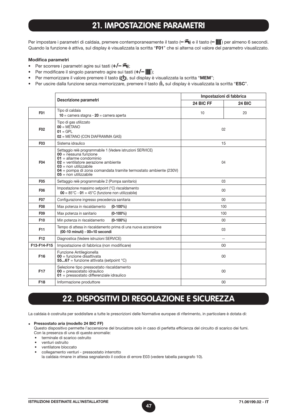 Impostazione parametri, Dispositivi di regolazione e sicurezza | DE DIETRICH MS 24 BIC User Manual | Page 47 / 292