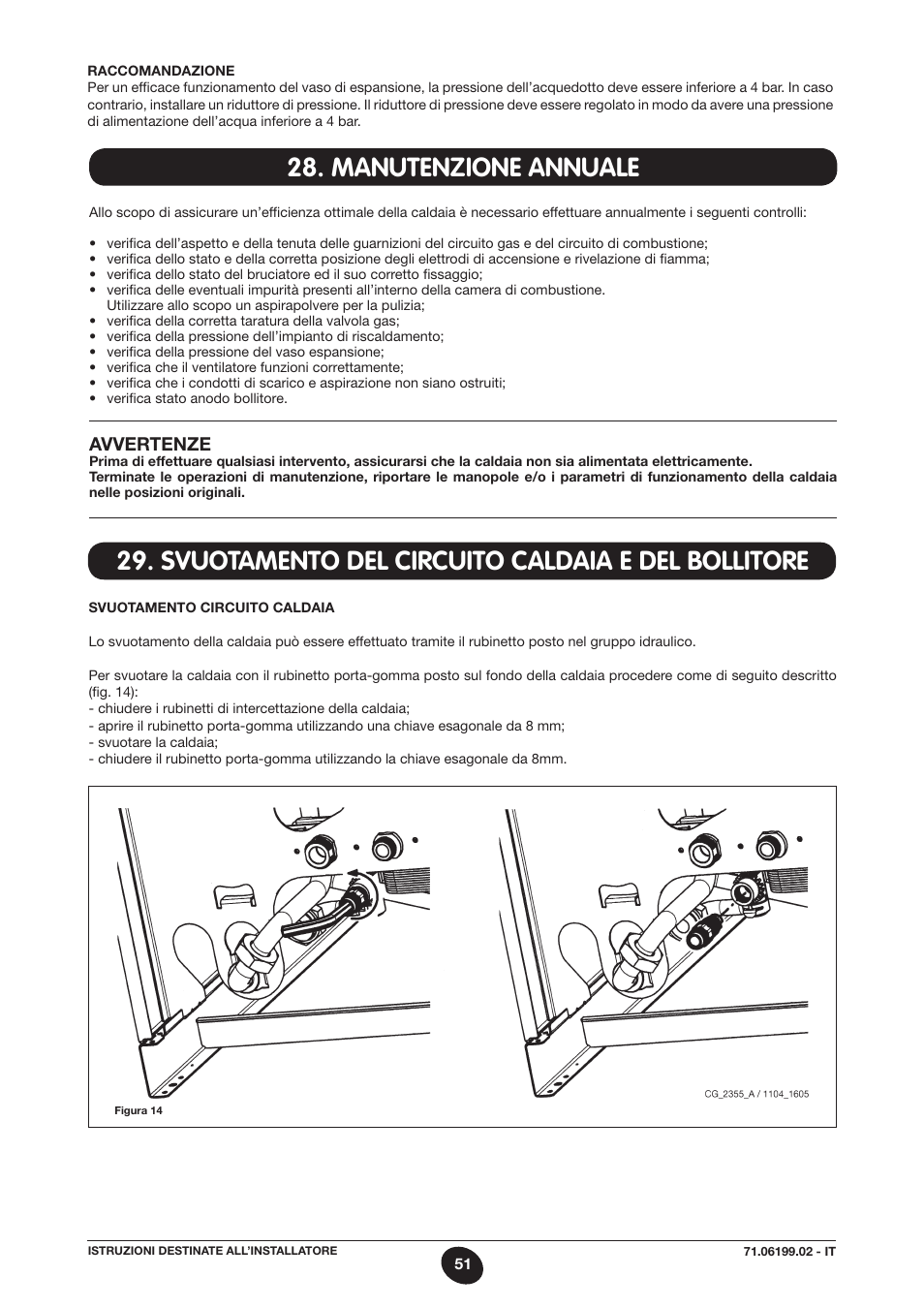 Manutenzione annuale, Svuotamento del circuito caldaia e del bollitore, Avvertenze | DE DIETRICH MS 24 BIC User Manual | Page 51 / 292