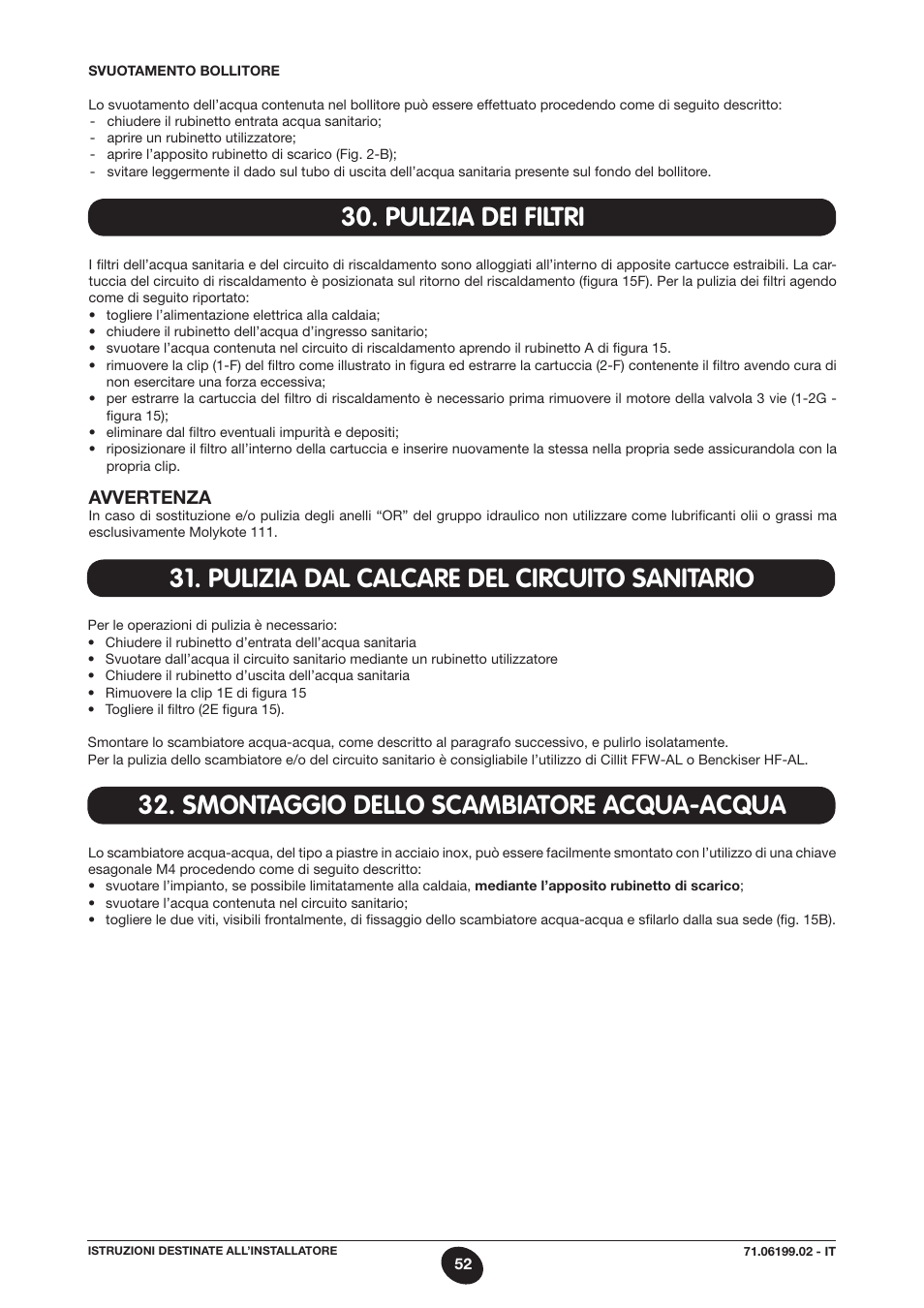 Pulizia dei filtri, Pulizia dal calcare del circuito sanitario, Smontaggio dello scambiatore acqua-acqua | DE DIETRICH MS 24 BIC User Manual | Page 52 / 292