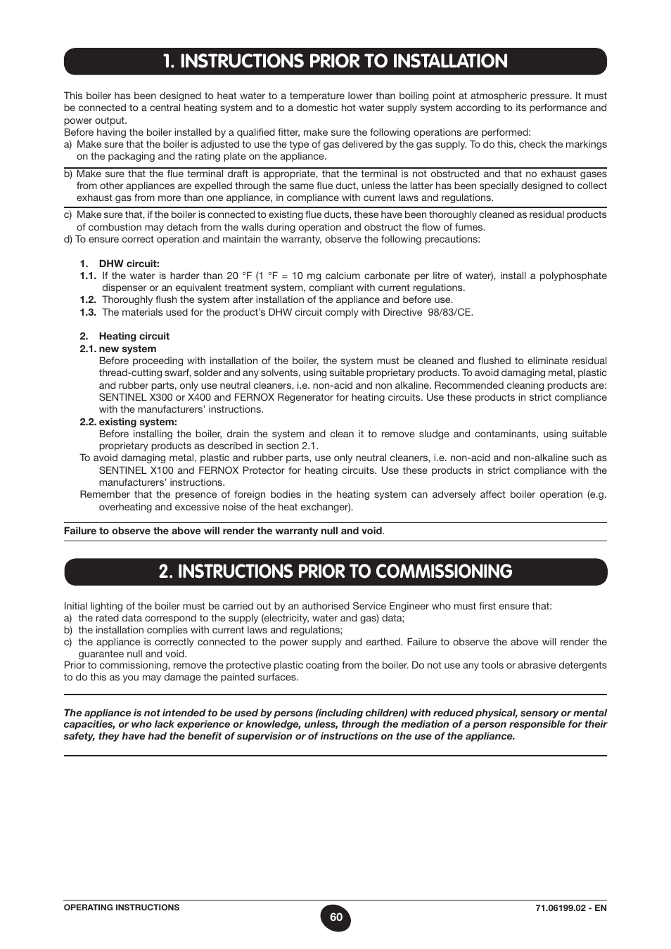 Instructions prior to installation, Instructions prior to commissioning | DE DIETRICH MS 24 BIC User Manual | Page 60 / 292